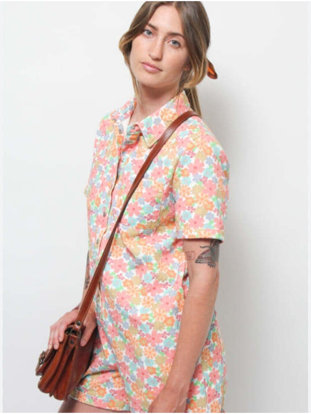 Storia Floral Denim Romper Snap Close Shorts Size Small Pockets Jumpsuit Girly
